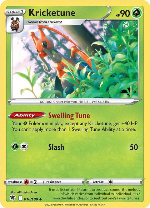 Pokémon Single Kricketune (10) card featuring Kricketune, the Cricket Pokémon, from the Pokémon Trading Card Game