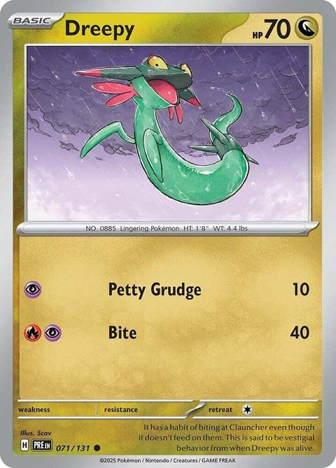 Pokémon Single Dreepy (71) card featuring Dreepy, the Lingering Pokémon, from the Pokémon Trading Card Game