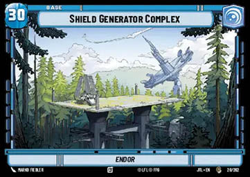 Star Wars Unlimited Shield Generator Complex // TIE Fighter (20 // T01) double-sided card showing a shield generator base and a TIE Fighter starship from the Star Wars Unlimited trading card game
