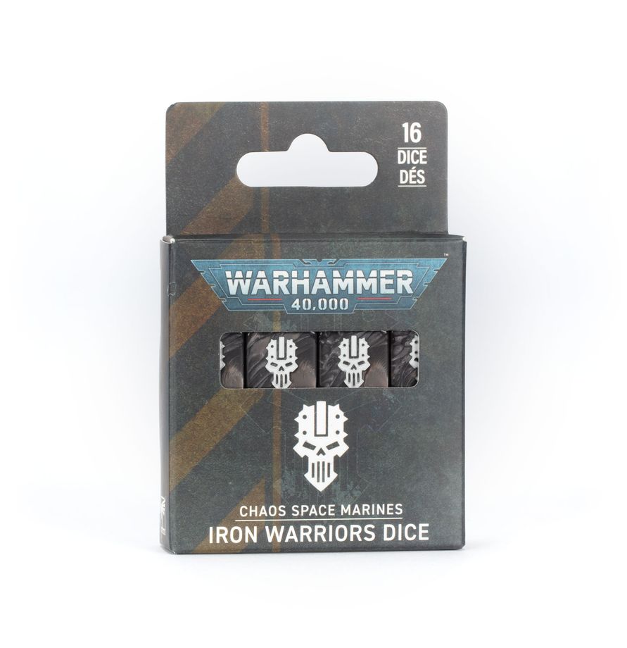 Close-up of Warhammer 40K Iron Hands Dice showing the Iron Hands Chapter icon on the 6 face, 16mm squared-edge acrylic dice