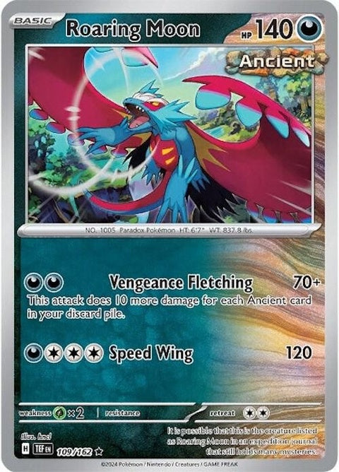 Roaring Moon, a large Dragon/Dark Paradox Pokémon with blue and red body and crescent‑shaped wings, standing powerfully.