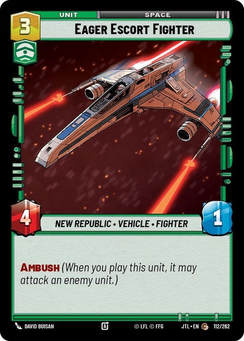 Star Wars Unlimited Eager Escort Fighter (112) trading card featuring light escort starfighter artwork and full card details.