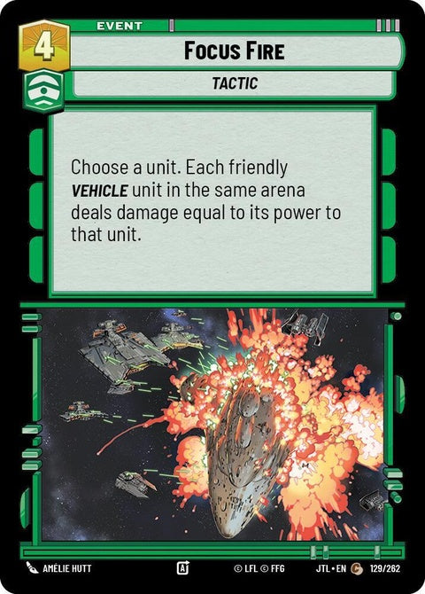Star Wars Unlimited Focus Fire (129) trading card featuring concentrated blaster fire artwork and full card details.