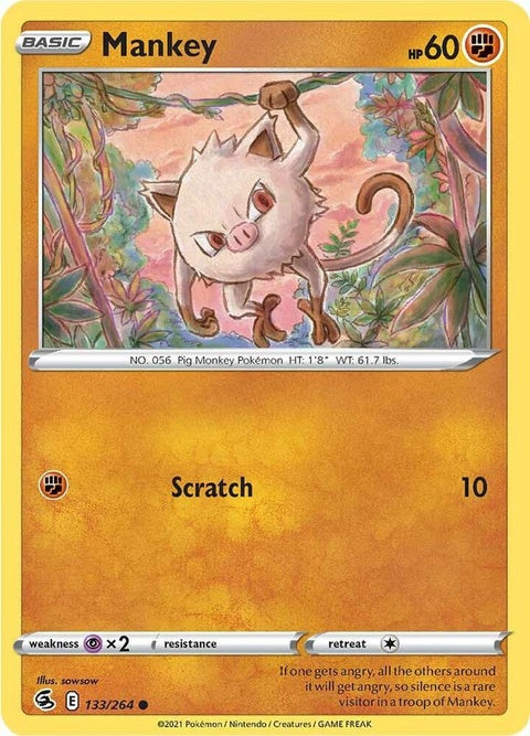 Pokémon Single Mankey (133) card featuring Mankey, the Pig Monkey Pokémon, from the Pokémon Trading Card Game