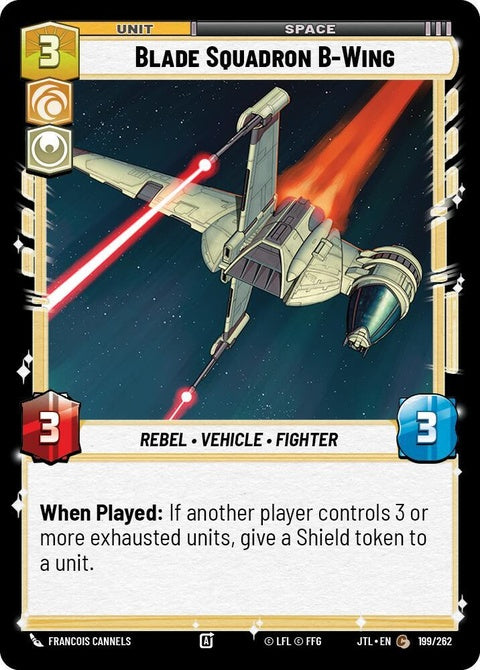 Star Wars Unlimited Blade Squadron B-Wing (199) trading card featuring B-Wing starfighter artwork and full card details.