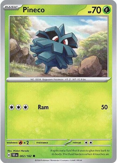 Pineco, a small green Bug-type Pokémon shaped like a pinecone with a spiky exterior, resting on the ground.