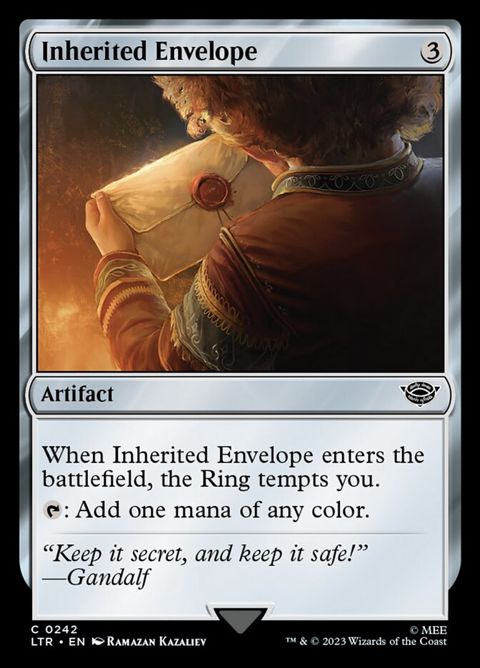 Magic the Gathering Inherited Envelope trading card #242 featuring the colorless Artifact with The Ring tempts you on entry and taps for one mana of any color in classic retro MTG artwork from The Lord of the Rings set