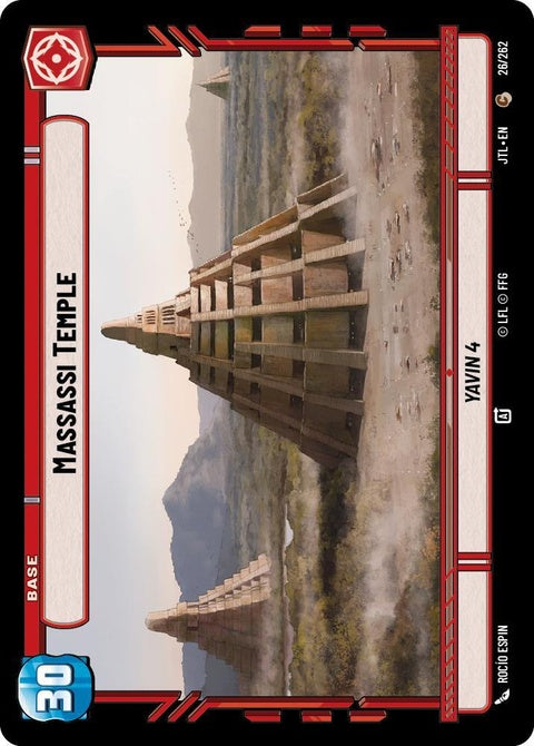 Star Wars Unlimited Massassi Temple // Shield (26 // T04) trading card featuring the ancient Yavin base artwork and shield transformation details.