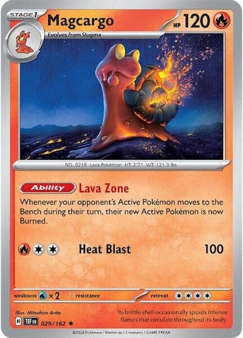 Magcargo, a red Fire/Rock Pokémon with a molten, rocky shell and sluggish, lava-like body, moving slowly.