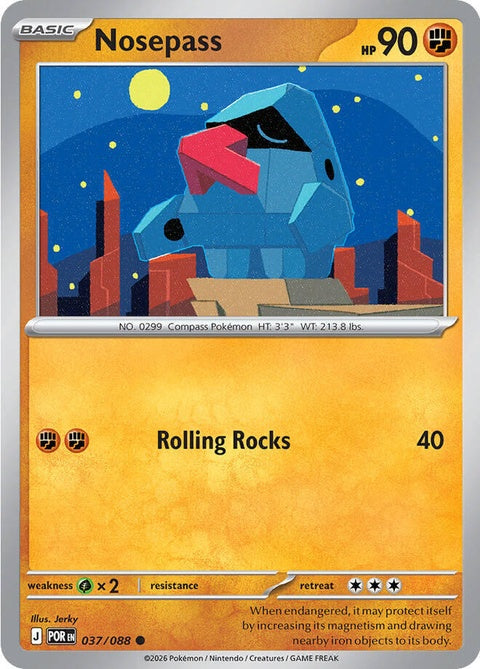 Nosepass, a Rock-type Pokémon with a large magnetic nose and a stone-like body.