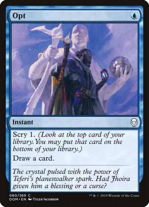 Magic the Gathering Opt trading card #60 featuring the blue Instant cantrip spell with scry 1 then draw a card and classic retro MTG artwork