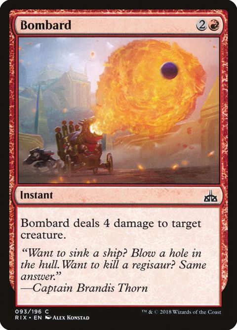 Magic the Gathering Bombard trading card #93 featuring the red Instant spell that deals 4 damage to target creature with classic retro MTG artwork from Rivals of Ixalan