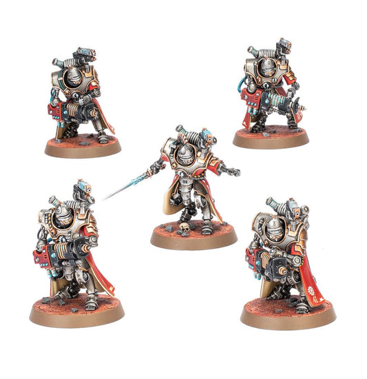 Painted Adeptus Mechanicus Hastaari miniatures showing Skitarii robes, cybernetic augmentations, and long-range weaponry