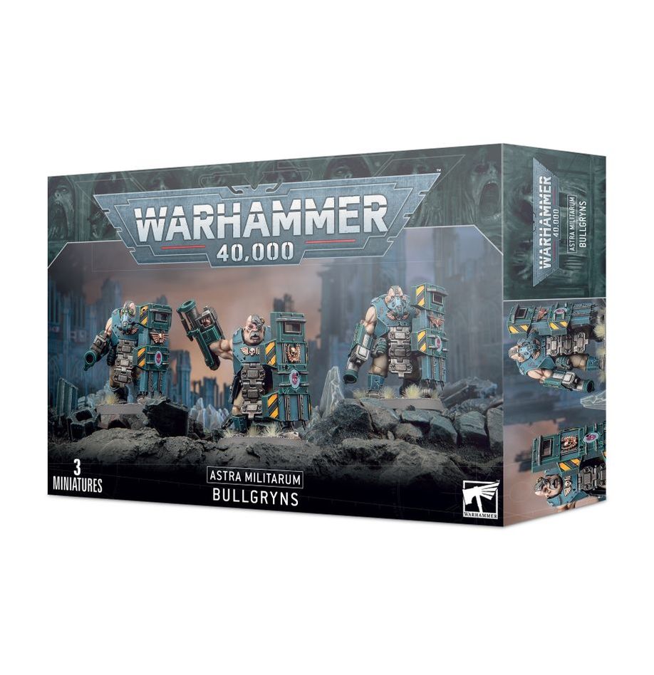 Astra Militarum Bullgryns Warhammer 40K plastic miniatures kit – 3 Ogryn models with slabshield and weapon options from Partisan Games UK small shop