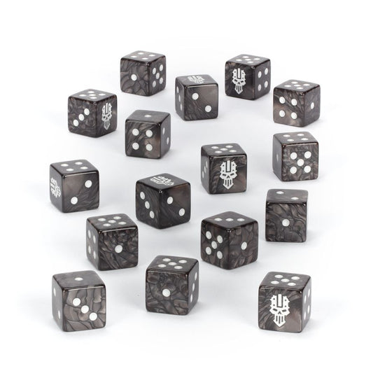 Warhammer 40K Iron Hands Dice – 16x metallic grey swirl acrylic dice with white ink and Iron Hands Chapter icon on the 6 face