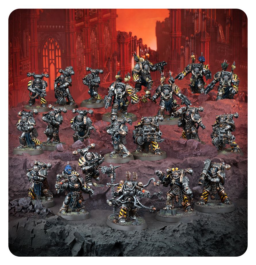 Combat Patrol Iron Warriors miniatures contents showing Chaos Space Marines, vehicles, and Iron Warriors iconography