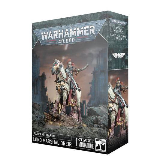 Astra Militarum Lord Marshal Dreir Warhammer 40K plastic character miniature kit – 1 model on Death Rider steed with trench base from Partisan Games UK small shop