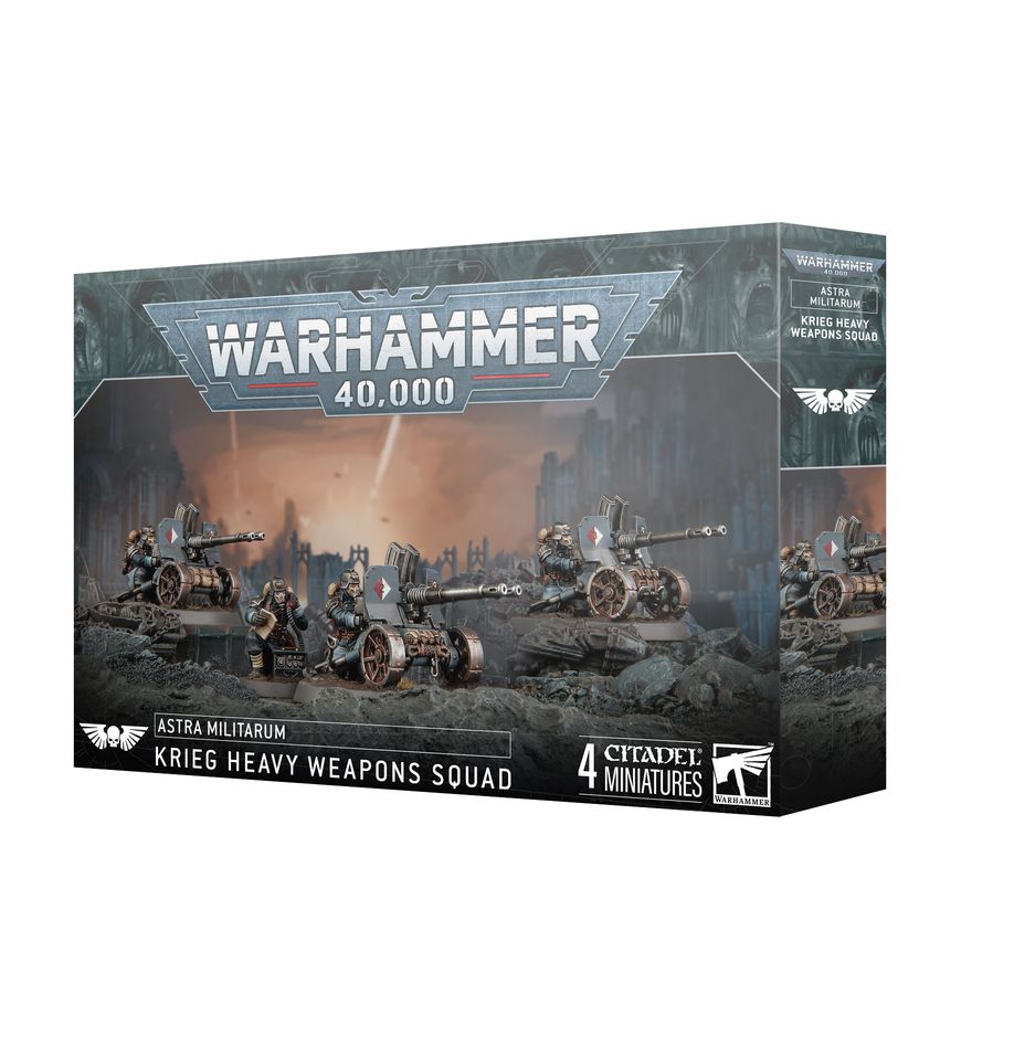 Krieg Heavy Weapons Squad Warhammer 40K plastic miniatures kit – 3 gunners and 1 Fire Coordinator with lascannon, heavy flamer and twin heavy stubber options from Partisan Games UK small shop